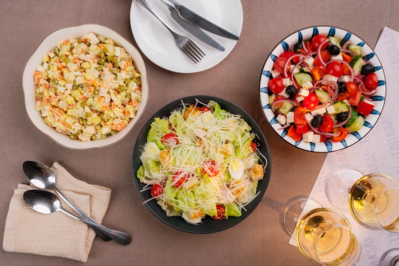 Set of Salads for Sharing - Caesar, Greek & Chicken Olivier