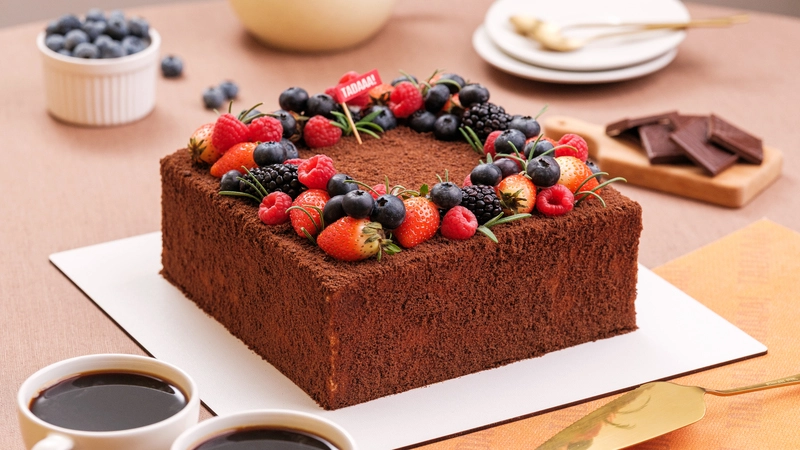 Chocolate Honey Cake with fresh berries – 10″ / 20 portions