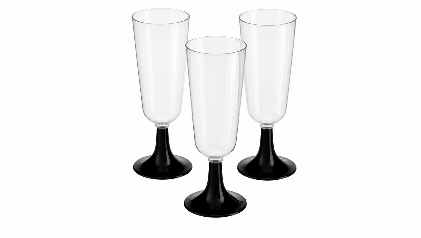 Plastic Champagne Flutes (Clear, Black Base)