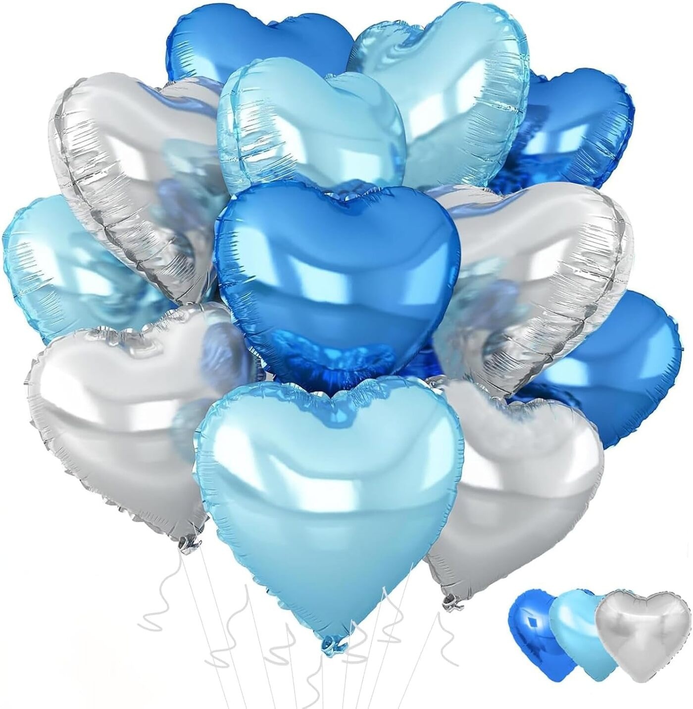 Blue & Silver Heart Foil Balloons 12 pcs