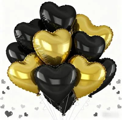 Black & Gold Heart Foil Balloons 12 pcs