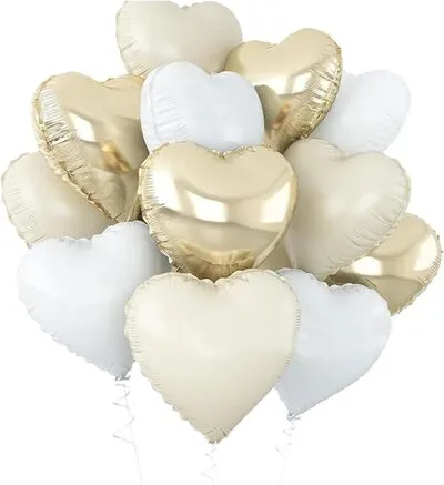 White Sand & Gold Heart Foil Balloons 12 pcs