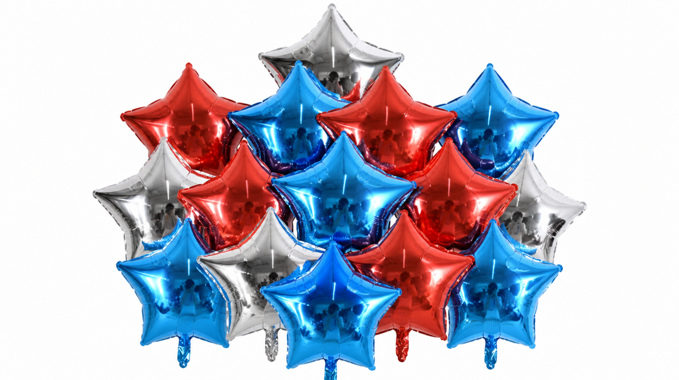 Red Blue & Silver Star Foil Balloons 24 pcs