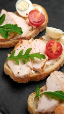 Smoked Chicken and Quail Egg Mini Bruschetta 