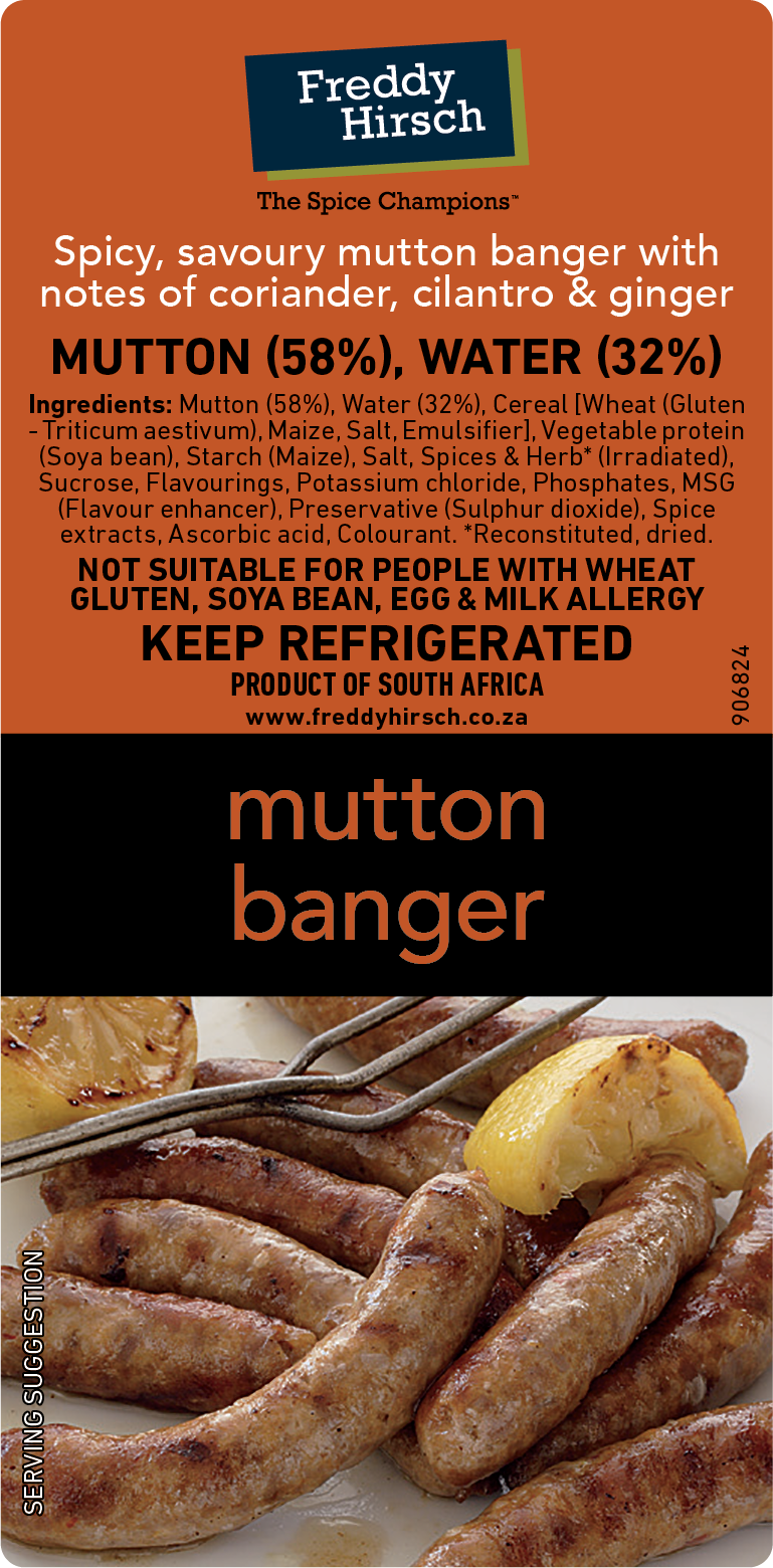 Mutton Banger Braaiwors Label - Freddy Hirsch Online Shop