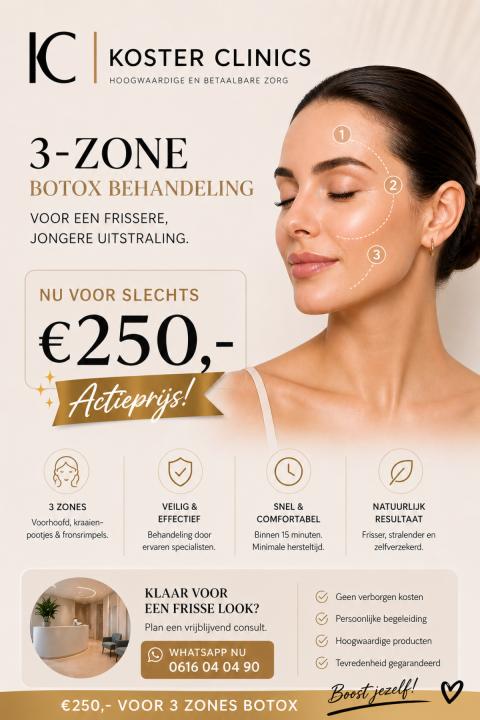 3 zones Botox €250 bij Koster Clinics