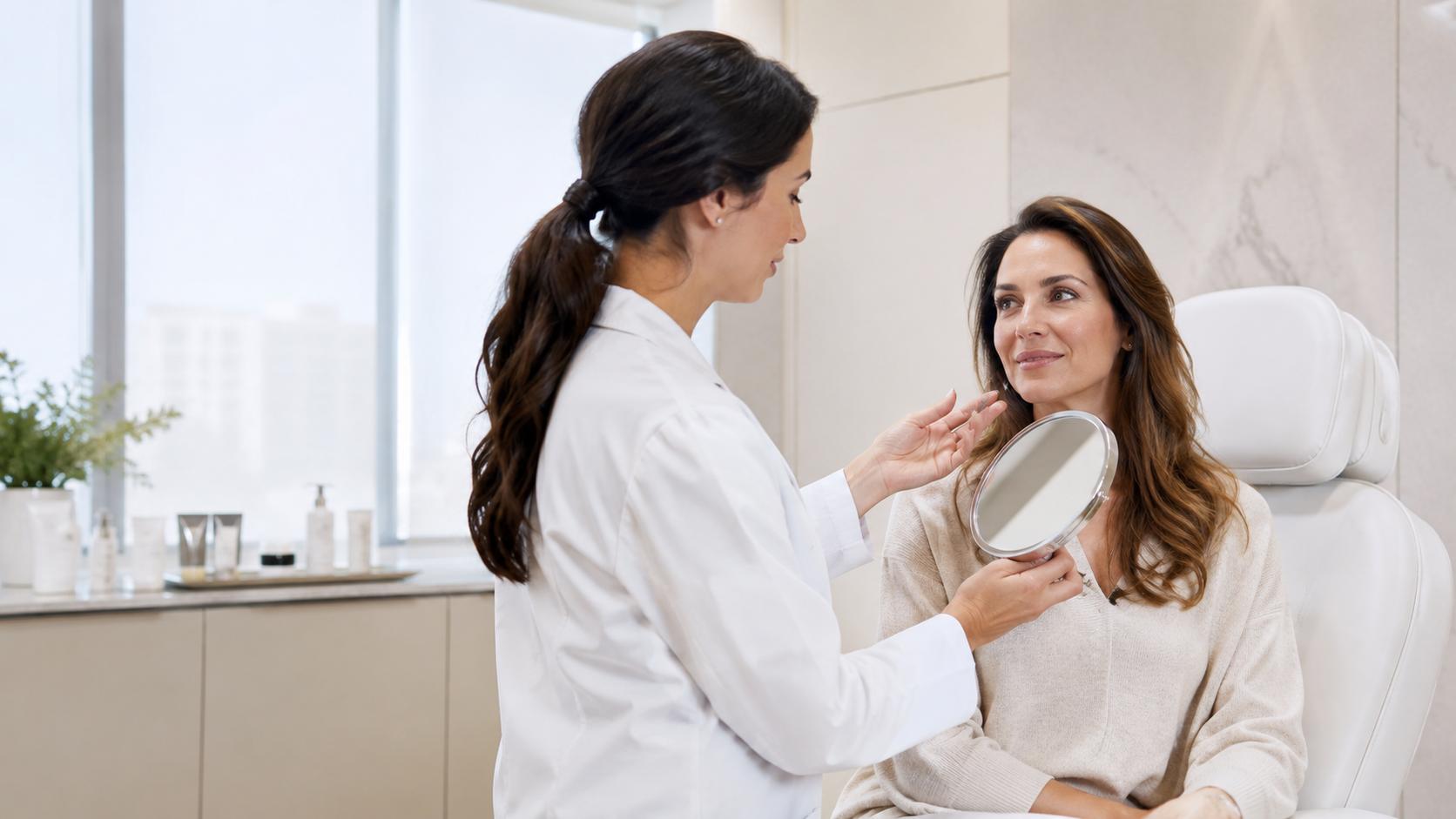 Arts bespreekt de prijs van een Profhilo behandeling met een vrouw tijdens een consult in een moderne kliniek