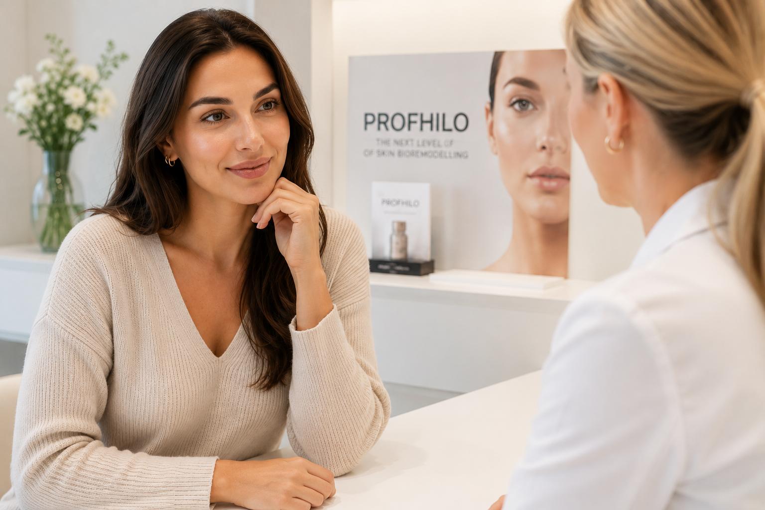 Arts bespreekt de prijs van een Profhilo behandeling met een vrouw tijdens een consult in een Belgische kliniek