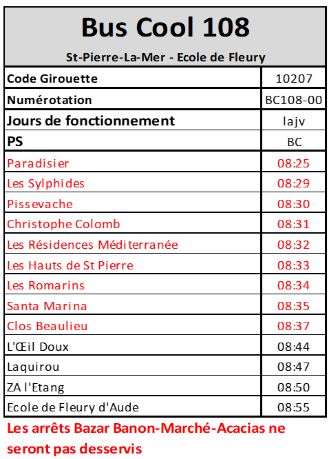 Horaires Bus Coll 108 direction Ecole de Fleury