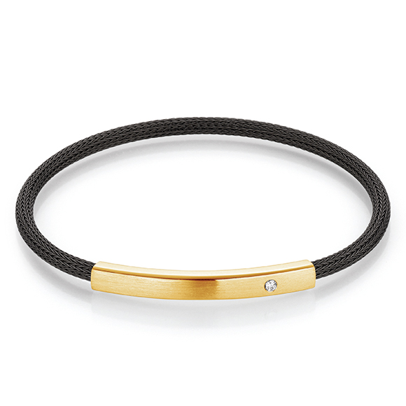 Edelstahlarmreif geschwärzt mit Roségoldschließe 750/000 und einem Brillant.