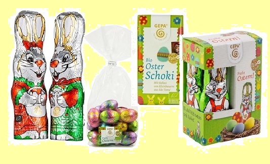 aus Bio Vollmilchschokolade: Hasen, Eier und Schokotäfelchen
