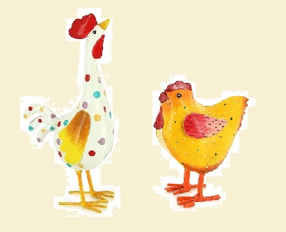bunt bemalte Blechfiguren Hahn und Huhn