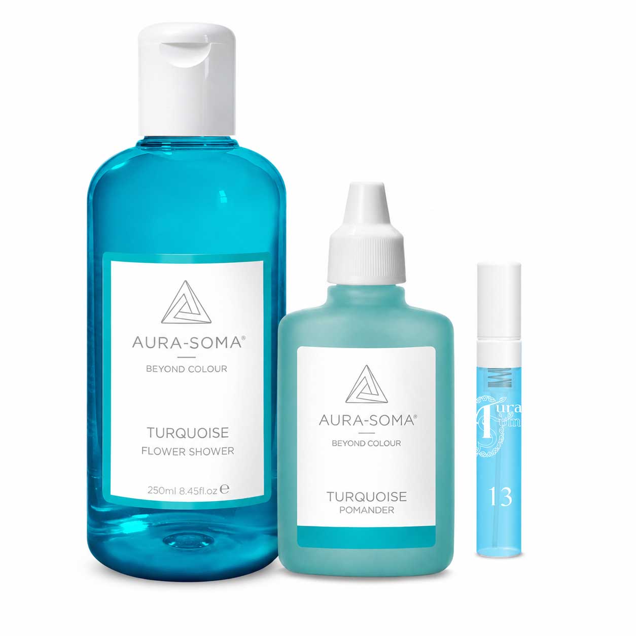 Aura-Soma Set Türkise Herzenssprache mit Flower Shower Türkis, Pomander Türkis und Maha Chohan Phiole