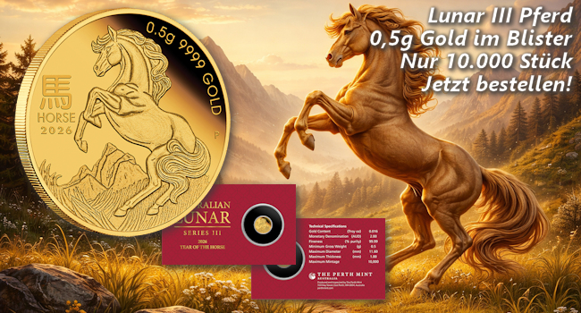 Das Lunar III Pferd in 0,5g Gold im Blister