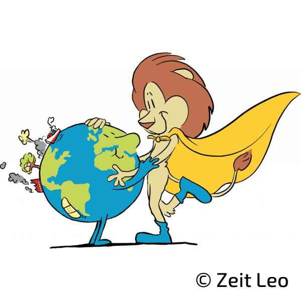 Comicbild: Ein Löwe mit gelbem Cape umarmt eine lächelnde Weltkugel