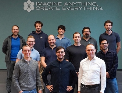 Simon Schmidt (1.v.l.,R.u.) Leitung Forschungs- und Innovationszentrum für KI-basierte Robotik, mit seinem Fraunhofer IPA-Team in den „IPAI Spaces" in Heilbronn, Bild: IPAI