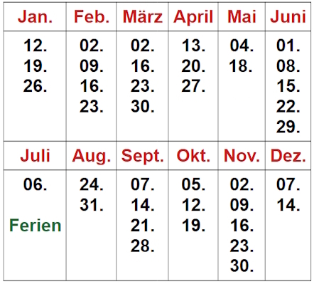 Jahresübersicht Kontemplationsabende
