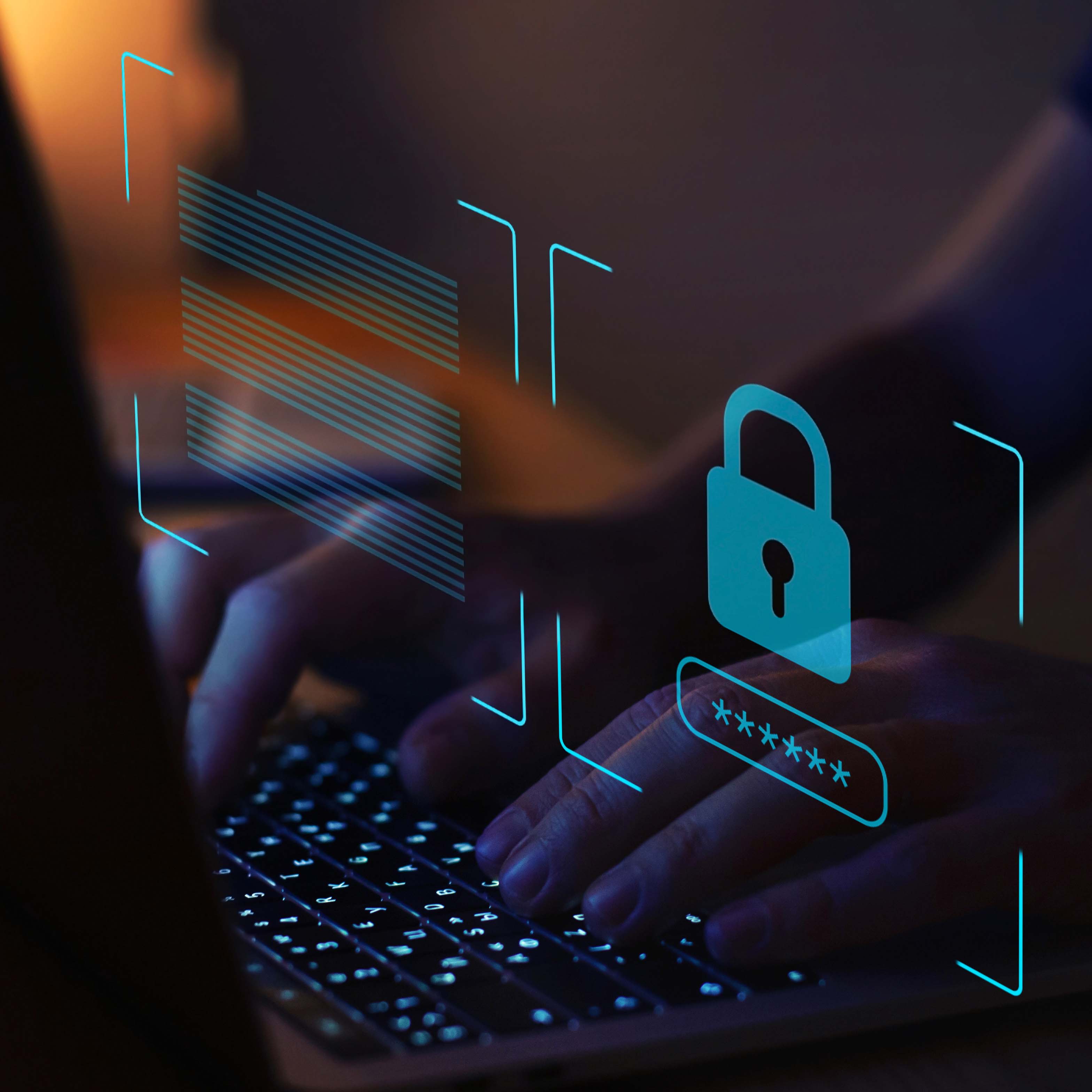  Hände schreiben auf Tastatur, Symbol  Schloss davorSvc