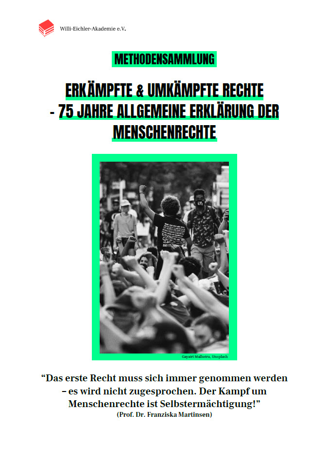 Titelseite Methodensammlung Erkämpfte & umkämpfte Rechte – 75 Jahre Allgemeine Erklärung der Menschenrechte. Quelle und Copyright: Willi-Eichler-Akademie