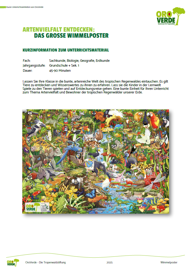 Titelseite Artenvielfalt im Regenwald entdecken. Quelle und Copyright: OroVerde