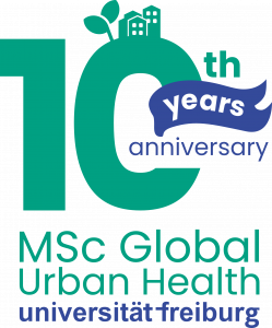 Grafik zum 10-jährigen Bestehen des Masterstudiengang Global Urban Health an der Universität Freiburg. Quelle: https://mscglobalurbanhealth.uni-freiburg.de/