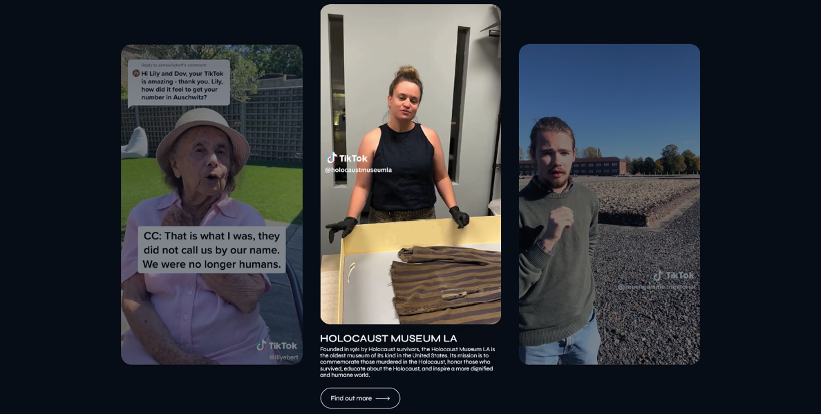 Drei nebeneinanderstehende Videoausschnitte mit einer älteren Frau im Freien, einer Person an einem Tisch mit Stoff und einem Mann auf einem offenen Gelände.