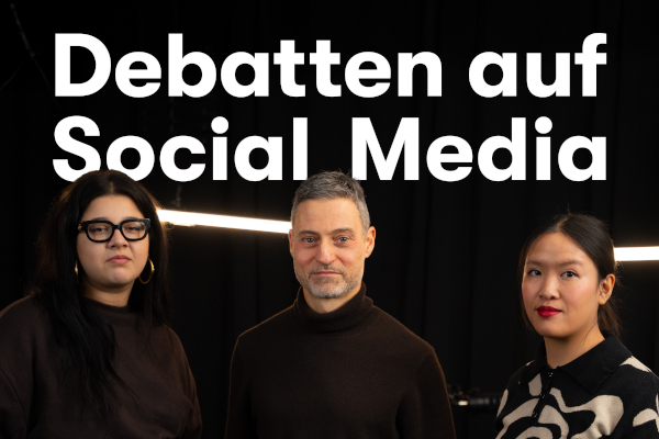 Drei Personen, darüber Text: Debatten auf Social Media