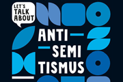 Buchcover mit geometrischen Formen in Blau und dem Titel: Let´s talk about Antisemitismus