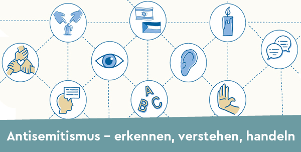 Verschiedene Symbole unter anderem: Auge, Ohr, Kerze, Sprechblasen mit dem Titel der Handreichung: Antisemitismus - erkennen, verstehen, handeln