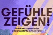 Lilafarbener Hintergrund mit der Aufschrift "Gefühle zeigen! Plakatwettbewerb der Bildungsstätte Anne Frank“