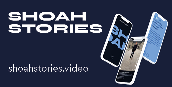 Eine Grafik mit drei Smartphones, die die Website SHOAH STORIES zeigen.