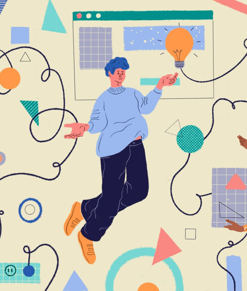 Illustration einer Person in lässiger Kleidung, die schwebend eine leuchtende Glühbirne mit einer Hand berührt, umgeben von abstrakten geometrischen Formen und Linien, die an ein digitales Interface erinnern.