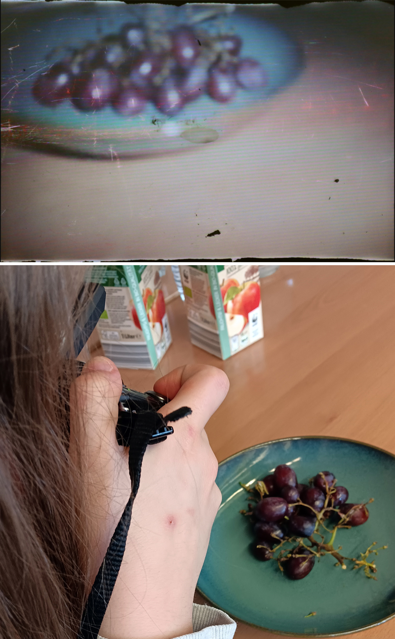 Bild oben, polarchrome: Zu sehen ist ein Teller mit Trauben. Bei der Fotografie handelt es sich um ein Bild von einer alten Instant-Filmrolle aus den 1990er Jahren. Die Fotografie weißt deshalb Kratzer und Flecken auf, die den Anschein eines Retro-Filters machen. Bild unten, Kind mit Kamera: Das Foto zeigt ein Mädchen beim Fotografieren mit Spiegelreflexkamera von hinten, die gerade einen Teller Trauben fotografiert. Bei den Miniatur-Fotografien kamen kleine Modelleisenbahn-Spielfiguren zum Einsatz. Eine Figur sitzt in den Trauben.