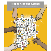 Cover „Mappe Globales Lernen“ mit gezeichneten Händen und Puzzleteilen