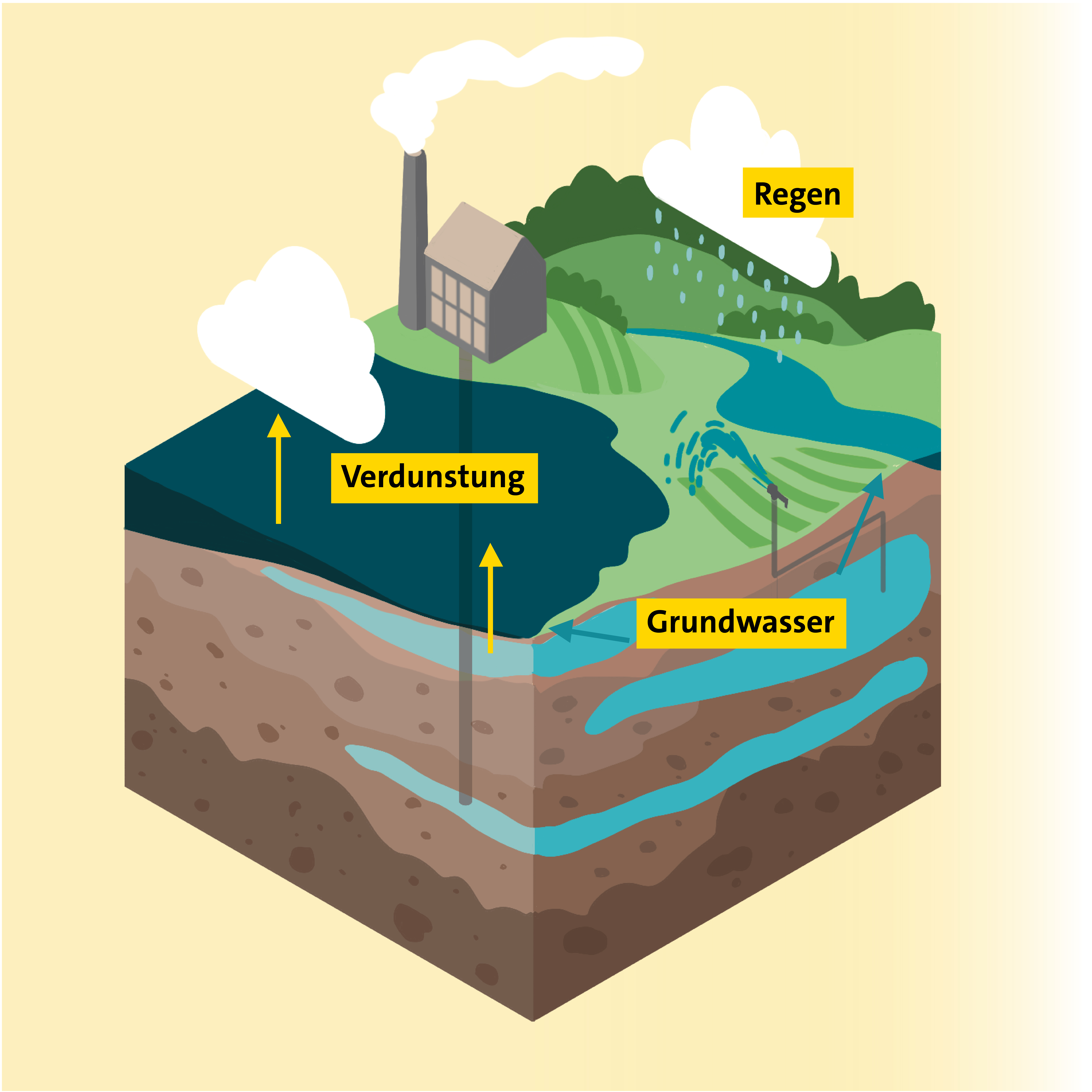 Das Bild zeigt ein Schema des Wasserkreislaufs: Regen fällt auf Felder, Wasser sickert als Grundwasser in den Boden, ein See verdunstet, und eine Fabrik steht in der Landschaft.