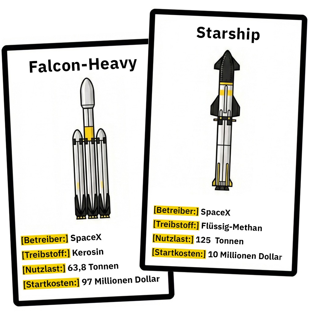 Zwei Infokarten zeigen die Raketen Falcon Heavy und Starship mit einfachen Zeichnungen sowie Angaben zu Betreiber, Treibstoff, Nutzlast und Startkosten in gelb markierten Textfeldern.