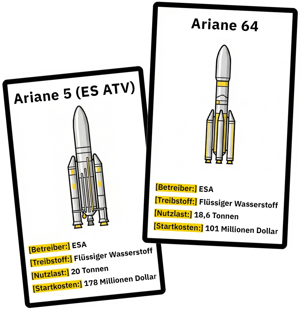 Zwei Infokarten zeigen die Raketen Ariane 5 und Ariane 64 mit einfachen Zeichnungen sowie Angaben zu Betreiber, Treibstoff, Nutzlast und Startkosten in farblich hervorgehobenen Textfeldern.