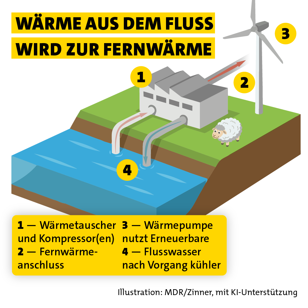 Infografik zur Nutzung von Flusswärme für Fernwärme: Eine Wärmepumpe entnimmt dem Fluss Wasser, gewinnt Wärme und speist sie in ein Fernwärmenetz ein; anschließend fließt das abgekühlte Wasser zurück.