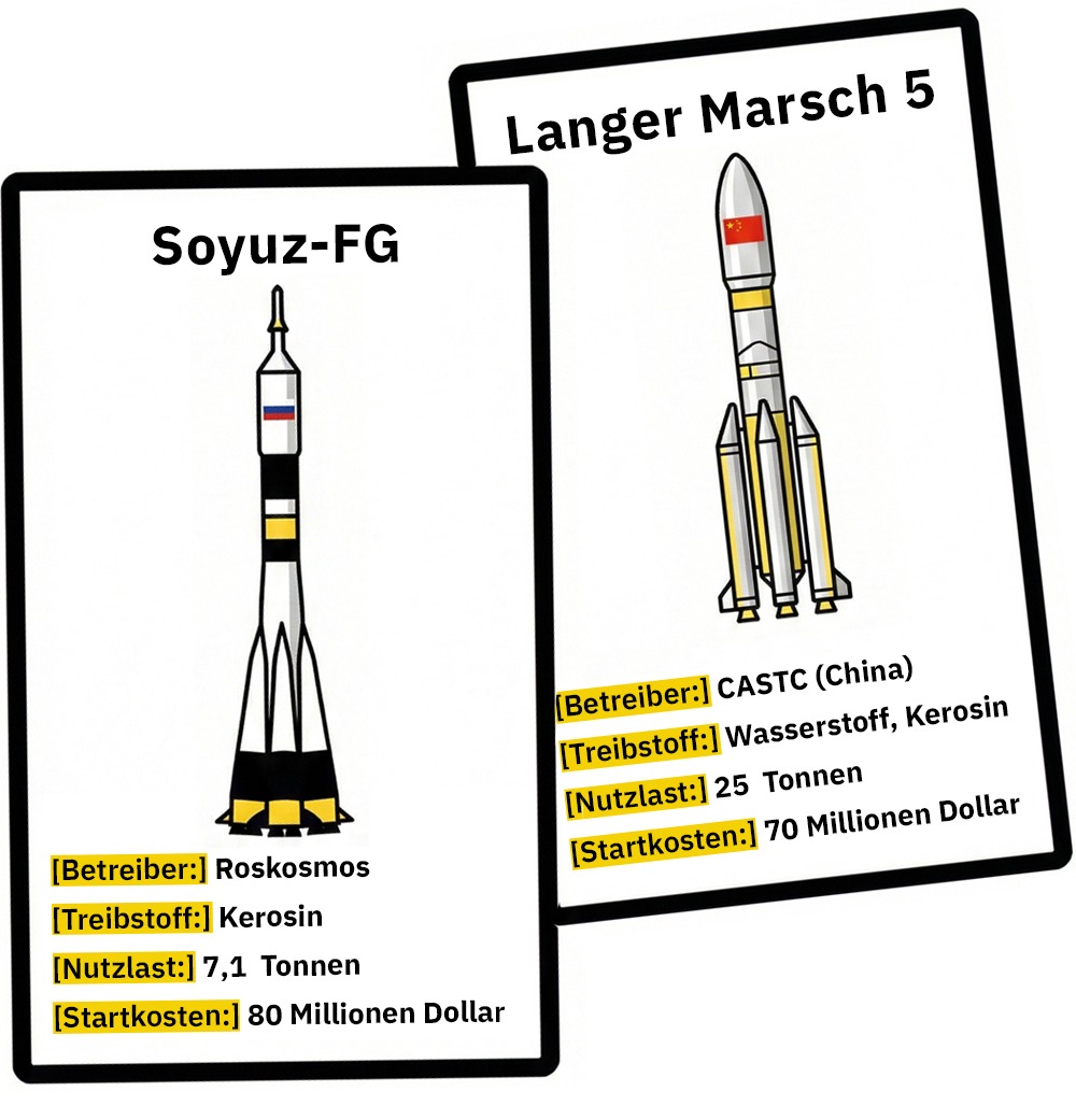Zwei Infokarten zeigen die Raketen Soyuz‑FG und Langer Marsch 5 mit stilisierten Zeichnungen sowie Angaben zu Betreiber, Treibstoff, Nutzlast und Startkosten in gelb markierten Textfeldern.