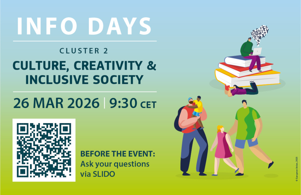 Banner for Horizon Europe info days 2026 - Cluster 2 Culture, creativity and inclusive society