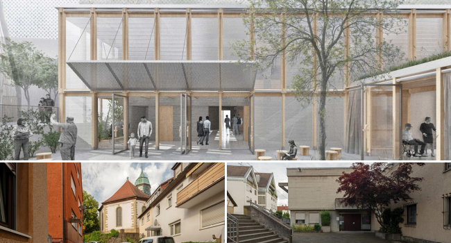 Geplante Sanierung des Gemeindeshauses der Stadtkirche St. Mauritius in Feuerbach (oben) und Ist-Zustand (unten) © Arge Joos Keller + Curious About / Von K Landschaftsarchitektur | IBA’27/Dominique Brewing