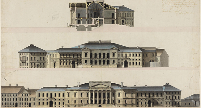Friedrich Weinbrenner, Plan zum Markgräflichen Palais: Schnitt, Gartenfront und Fassade, um 1802 © Friedrich Weinbrenner/Staatliche Kunsthalle Karlsruhe