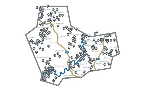schematische Übersichtskarte des Landkreises Bad Kissingen mit Pinnadeln an den Stellen, an denen einzelne Sagen und Legenden verortet werden können
