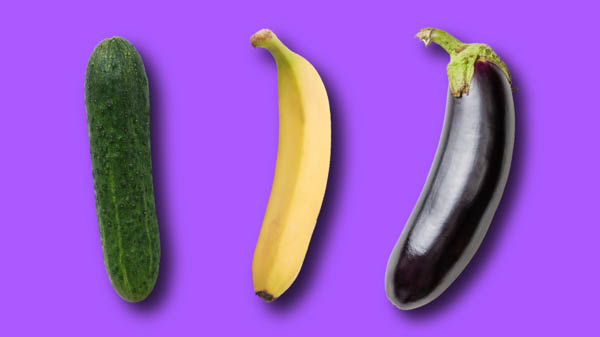 Bilder einer Zucchini, einer Banana und einer Aubergine auf lila Hintergrund