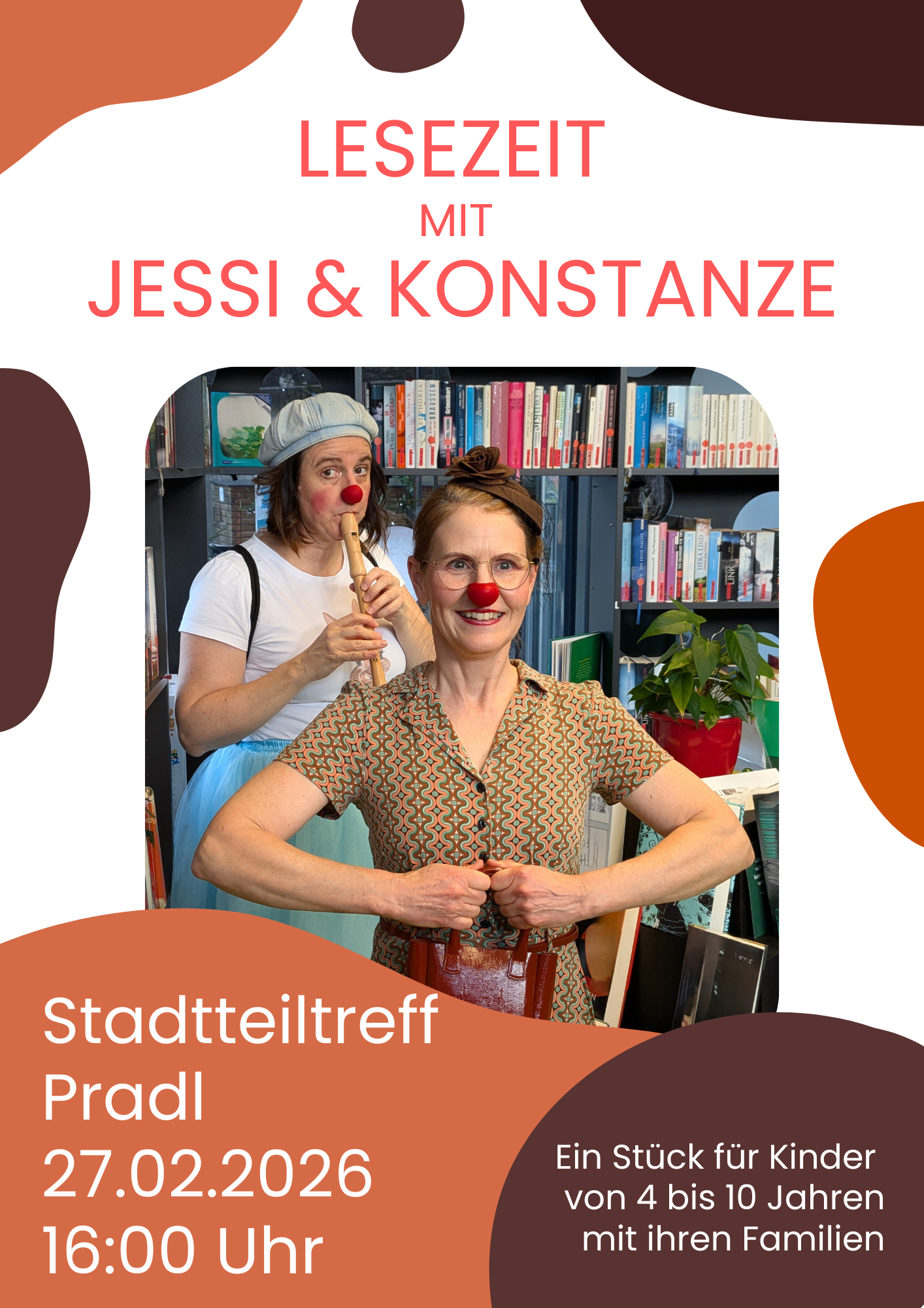 Lesezeit, Clown-Kindertheater, 27.2.2026 im Stadtteiltreff Pradl, 13. u 20.12.2025 um 9Uhr