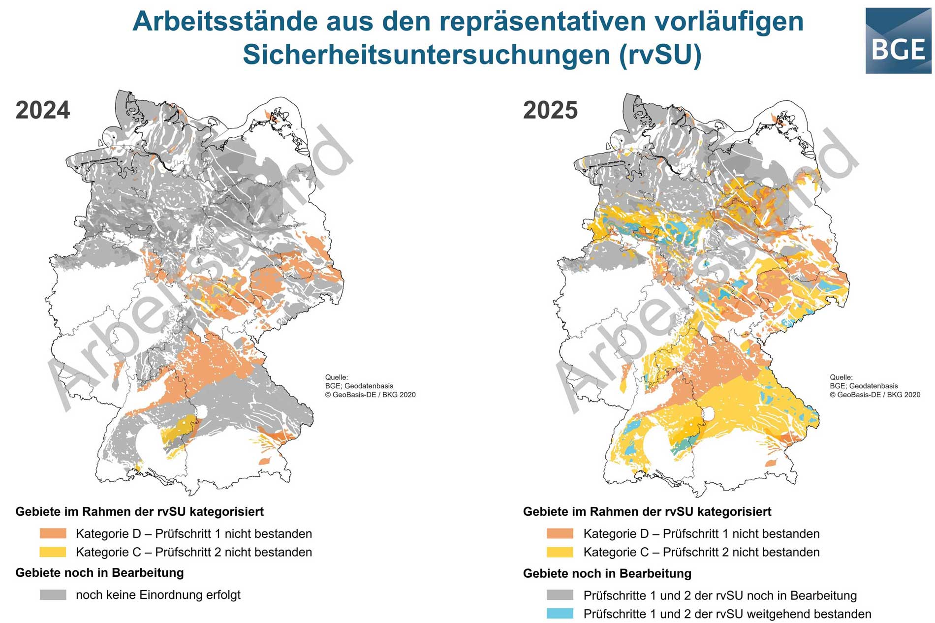 Zwei nebeneinander platzierte Deutschlandkarten mit farbig hervorgehobenen Flächen. Neben der linken Karte steht die Jahreszahl 2024, neben der rechten Karte steht 2025.