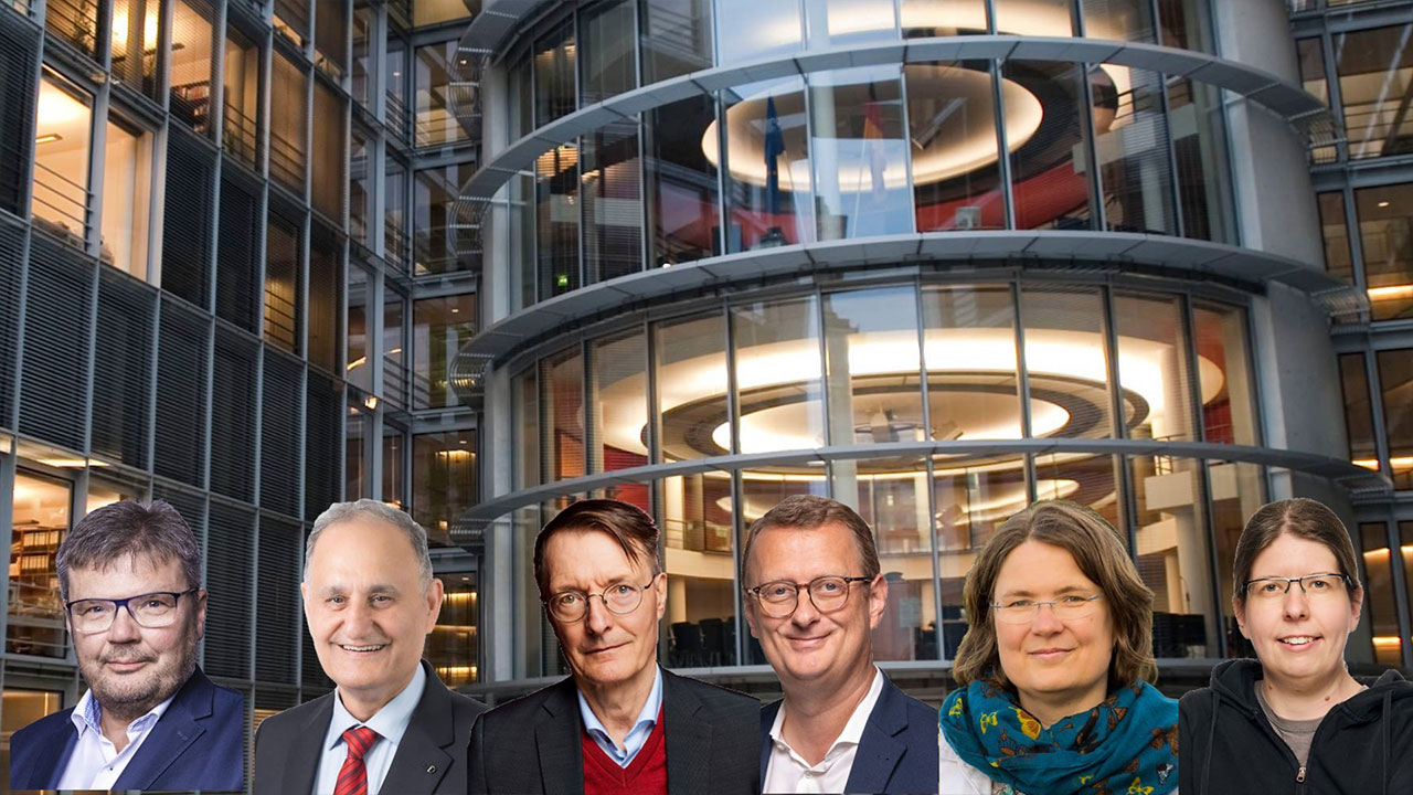 Collage vor Sitzungssälen des Paul-Löbe-Hauses  mit  Karl Lauterbach, Reza Asghari, Michal Kaufmann, Oliver Kaczmarek, Andrea Lübcke, und Sonja Lemke, Michael Kaufmann/Hagen Schnauss, Reza Asghari/Eric Haase, Karl Lauterbach/Maximilian König, Oliver Kaczmarek/ photothek.net, Andrea Lübcke/Markus Pichlmaier, Sonja Lemke/DBT/Inga Haar, Hintergrund 