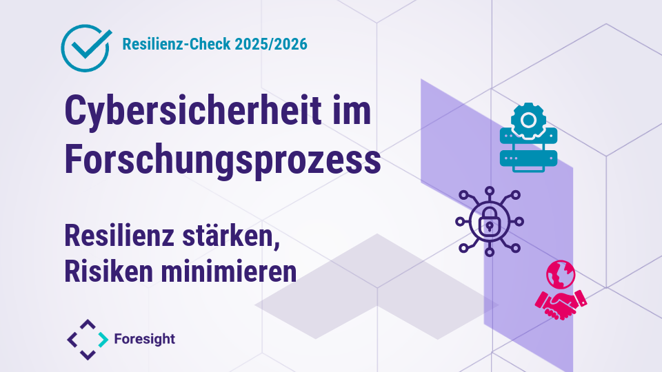 Infografik zum „Resilienz-Check 2025/2026“. Überschrift: „Cybersicherheit im Forschungsprozess – Resilienz stärken, Risiken minimieren“. Abstrakte grafische Darstellung mit Symbolen für IT-Systeme, Cybersicherheit (Schloss), technische Infrastruktur (Server mit Zahnrad) und Kooperation (Handshake). Im Hintergrund geometrische Formen in hellen Grau- und Violetttönen. Logo „Foresight“ unten links.
