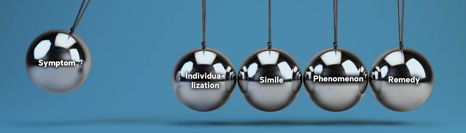 Newton-Wiege (Kugelpendel) mit 5 Kugeln in Bewegung, beschriftet mit "Symptom", "Individualization", "Simile", "Phenomenon" und "Remedy", symbolisch für die Prämissen der Homöopathie.