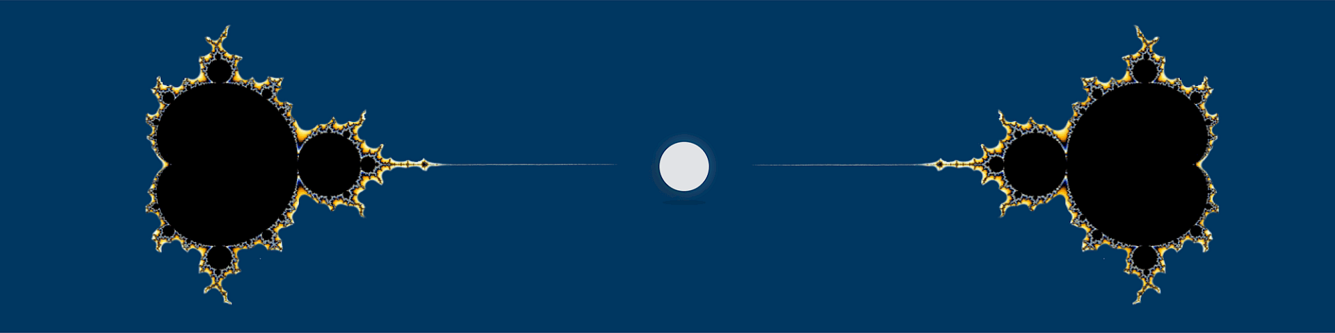 Weißes Globuli zwischen zwei symmetrisch gespiegelten Apfelmännchen-Fraktalen (Mandelbrot-Menge) als visuelle Metapher für das Therapiekonzept der Homöopathie.